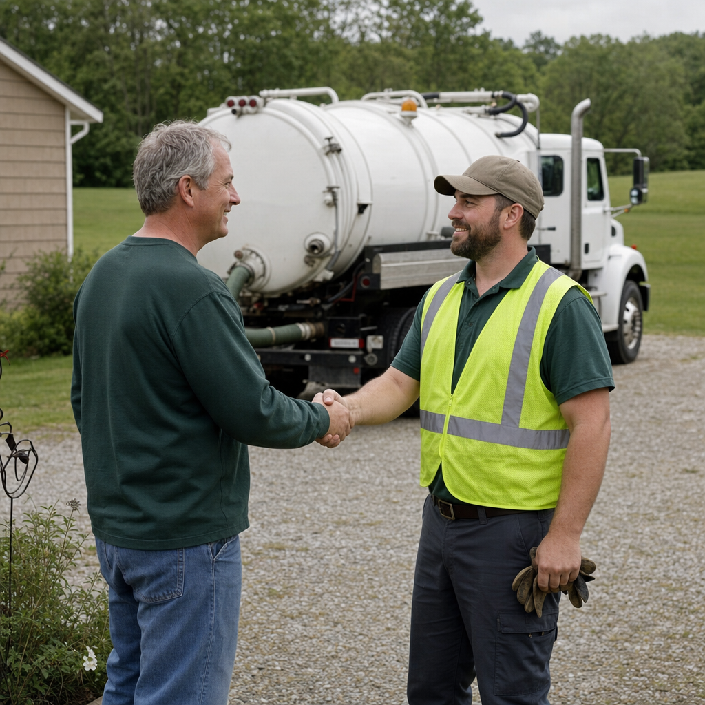 A septic technician shaking a Long Beach homeowner's hand beside the service truck after a completed pump-out