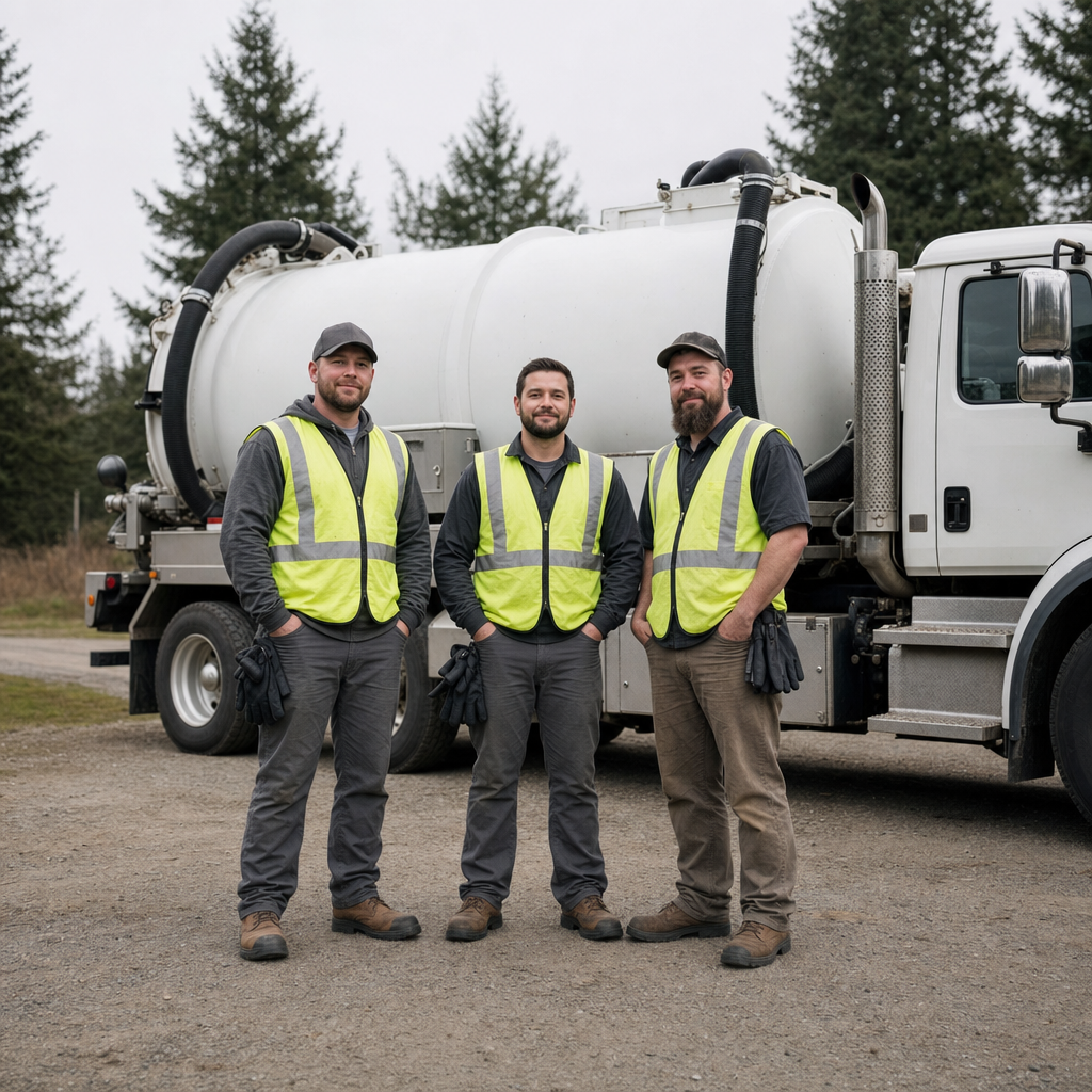 The Long Beach septic pumping crew standing together beside their clean white vacuum truck on a residential street