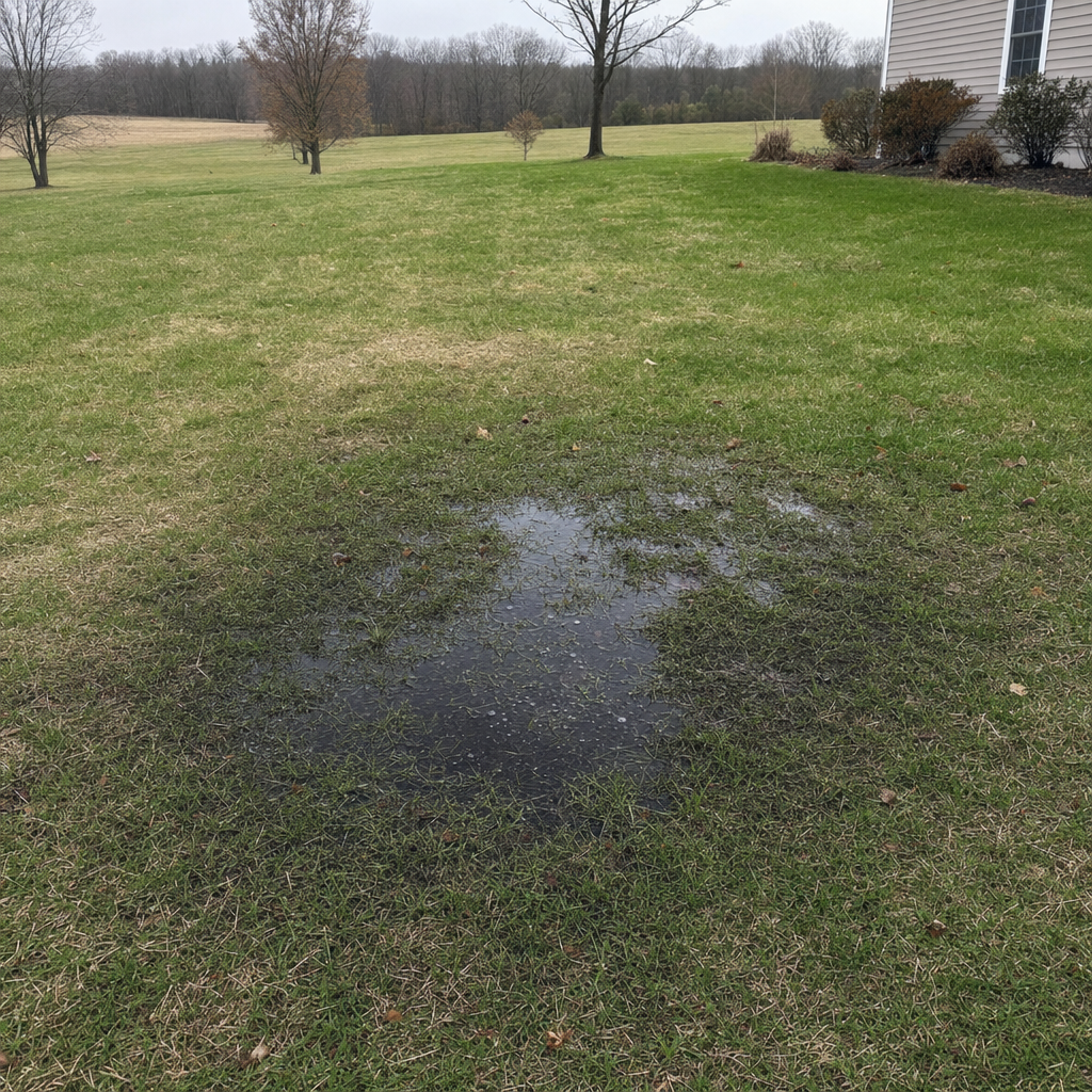 A dark, saturated wet spot in a Long Beach backyard lawn marking a failing cesspool at capacity