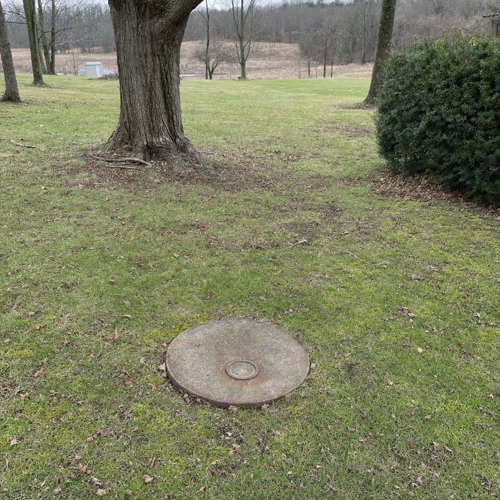 An older round cesspool access lid set flush in an established, mature Long Beach backyard lawn