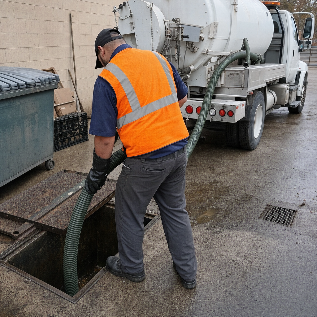 Technician pumping a grease trap behind a Long Beach restaurant