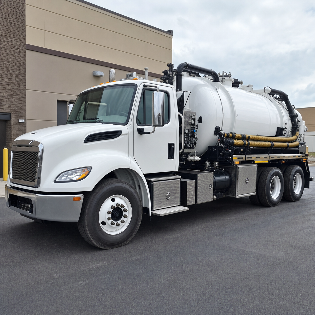 Commercial septic vacuum truck parked in a Long Beach business parking lot