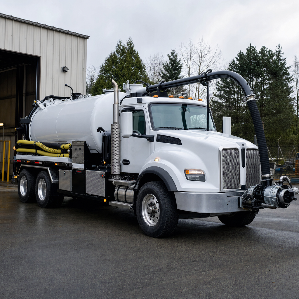 A clean white septic vacuum truck rolling out of a tidy Long Beach service depot at the start of the day