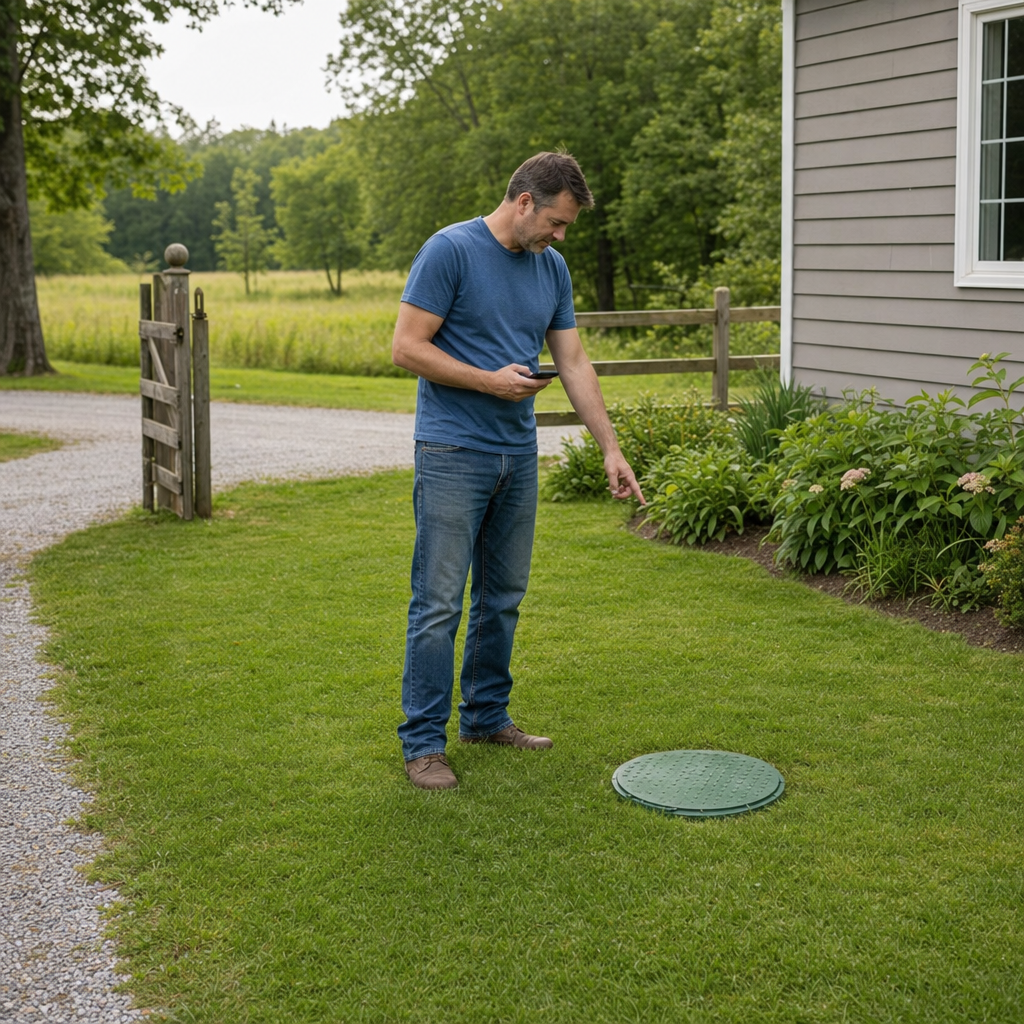 A Long Beach-area homeowner standing in the backyard noting where the septic tank lid and access route are located