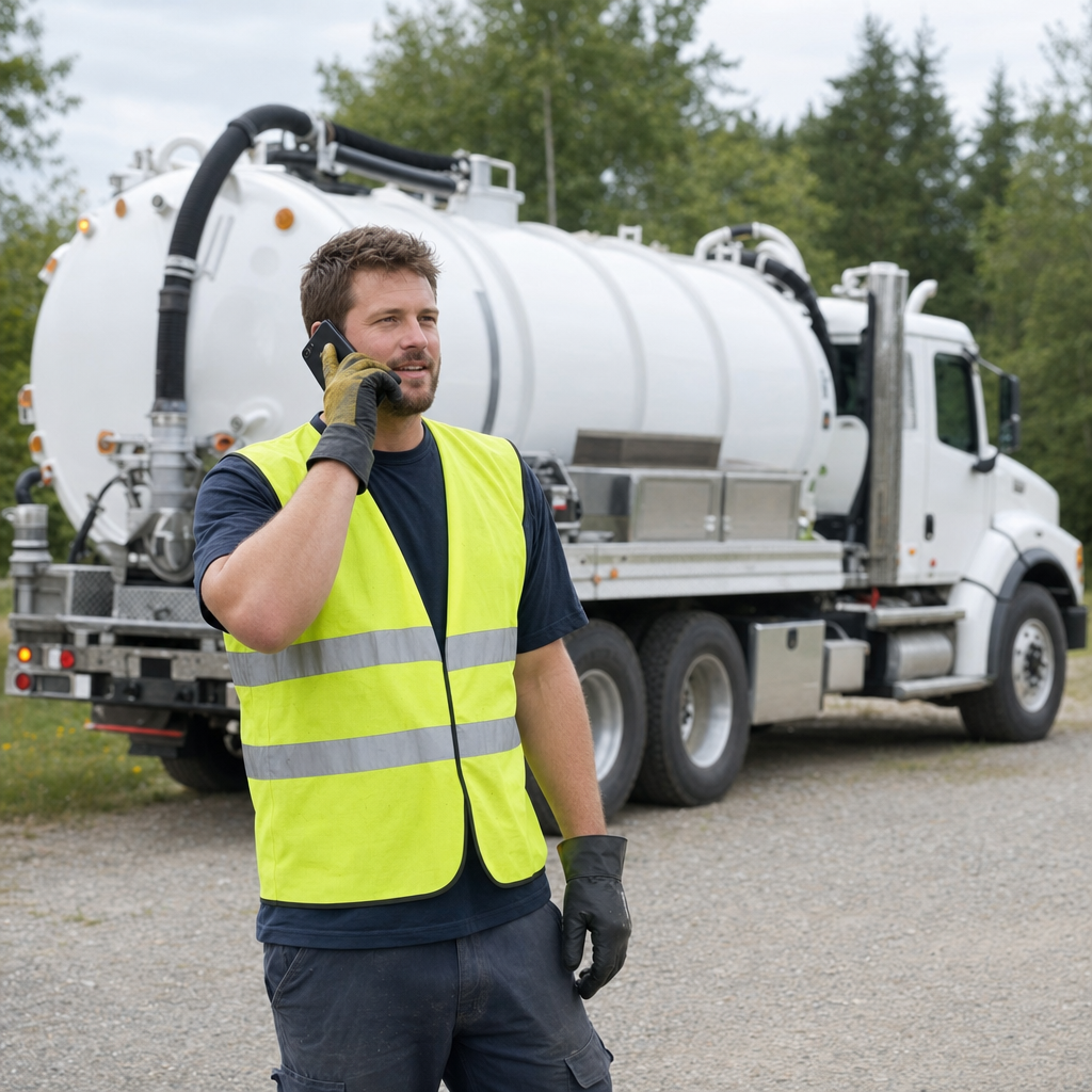 A friendly septic dispatcher holding a phone, ready to answer a Long Beach homeowner's call about a pump-out