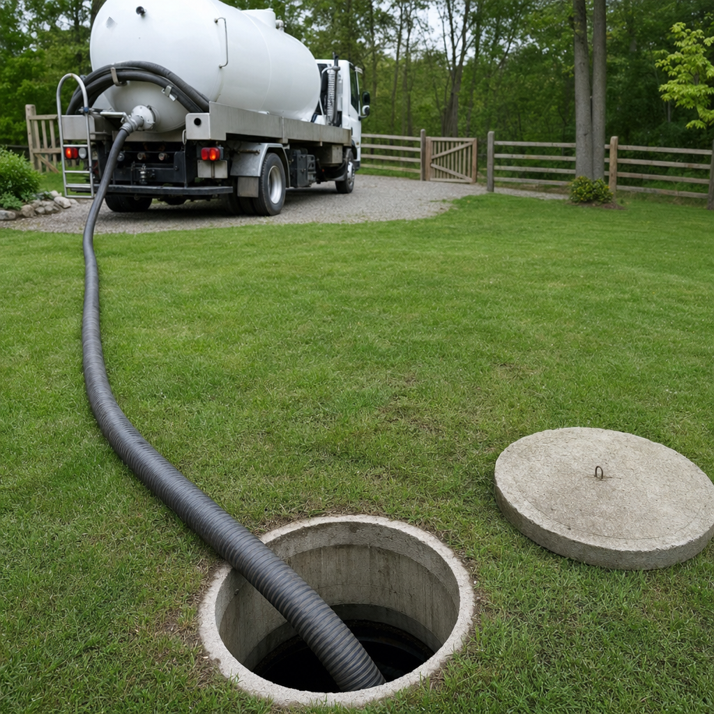 Suction hose connected to an open septic tank, drawing it down in a tidy Long Beach yard