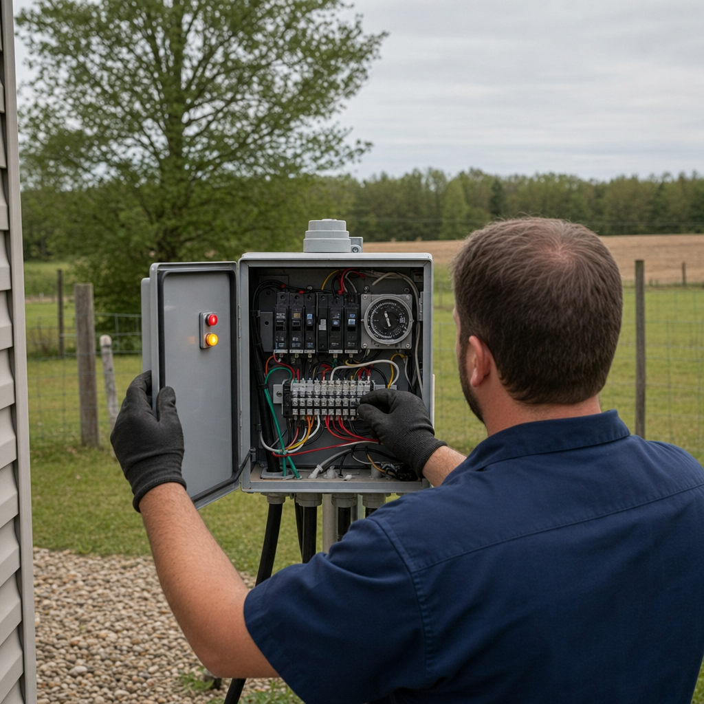 Technician checking an aerobic septic control box with a lit red high-water alarm during a same-day Long Beach visit