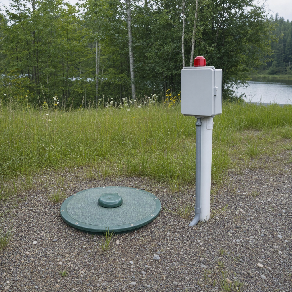 A wastewater holding tank access lid set in the ground at a rural Long Beach-area cabin, with a mounted high-level float alarm panel nearby