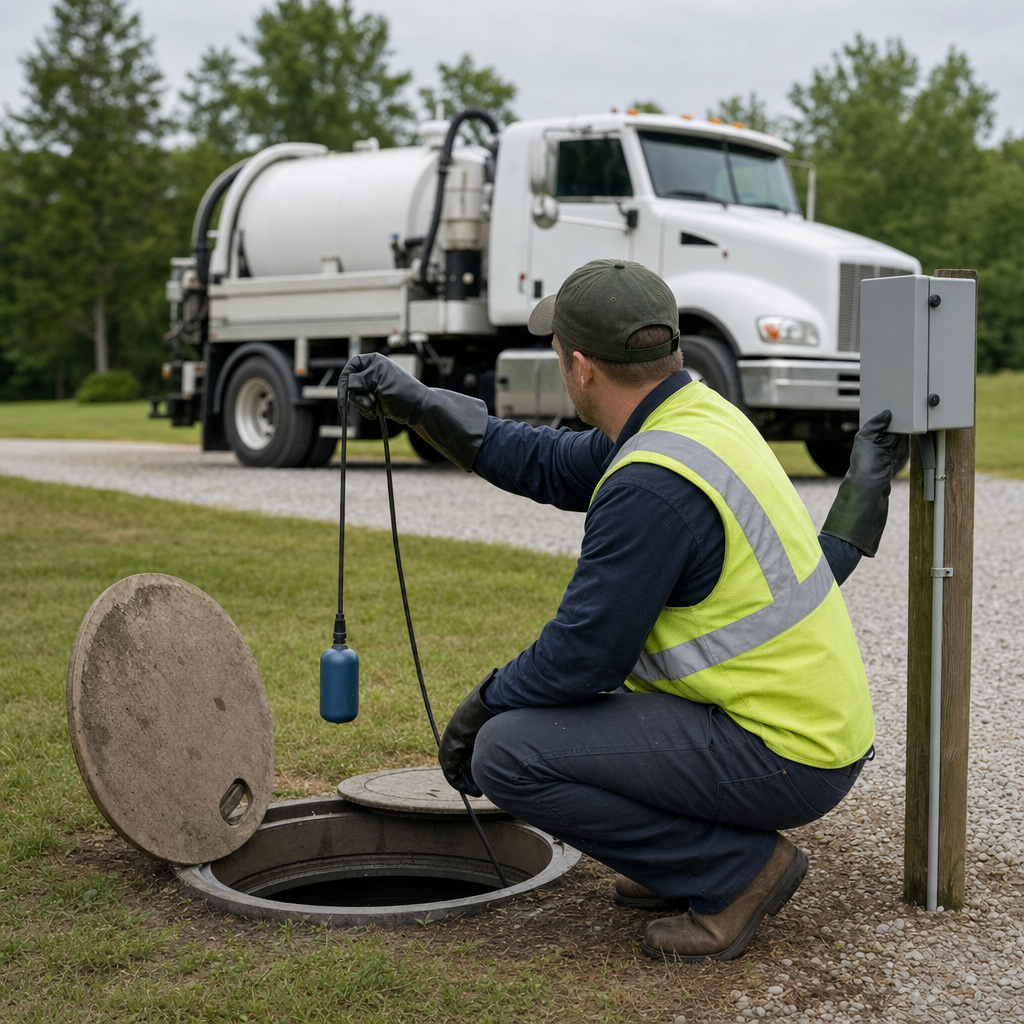 A septic technician in a high-visibility vest checking a high-level float switch and alarm panel on a holding tank at a rural Long Beach-area site