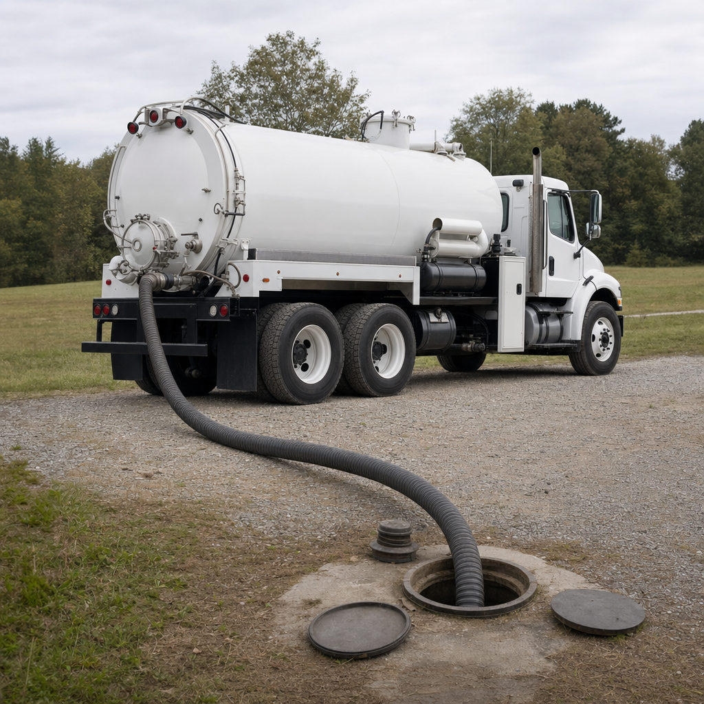 An unmarked white vacuum truck emptying a wastewater holding tank on a scheduled visit at a rural Long Beach-area property, thick suction hose running to the tank lid