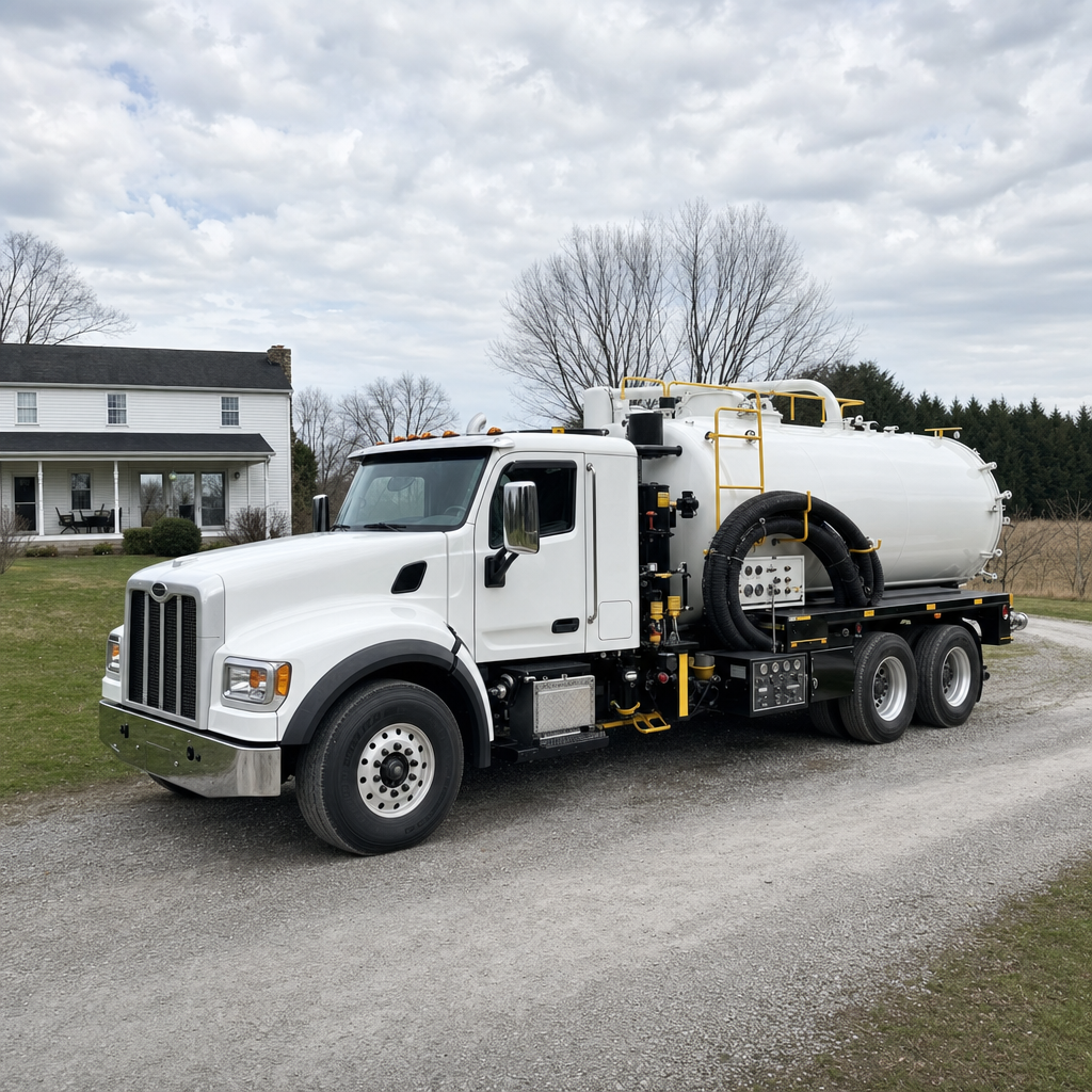 A clean white septic vacuum truck parked on a tidy Long Beach driveway with the suction hose neatly coiled