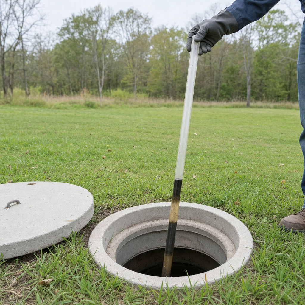 A septic sludge-judge measuring stick lowered into an open Long Beach septic tank to read the depth of the sludge and scum layers before deciding whether a pump-out is due