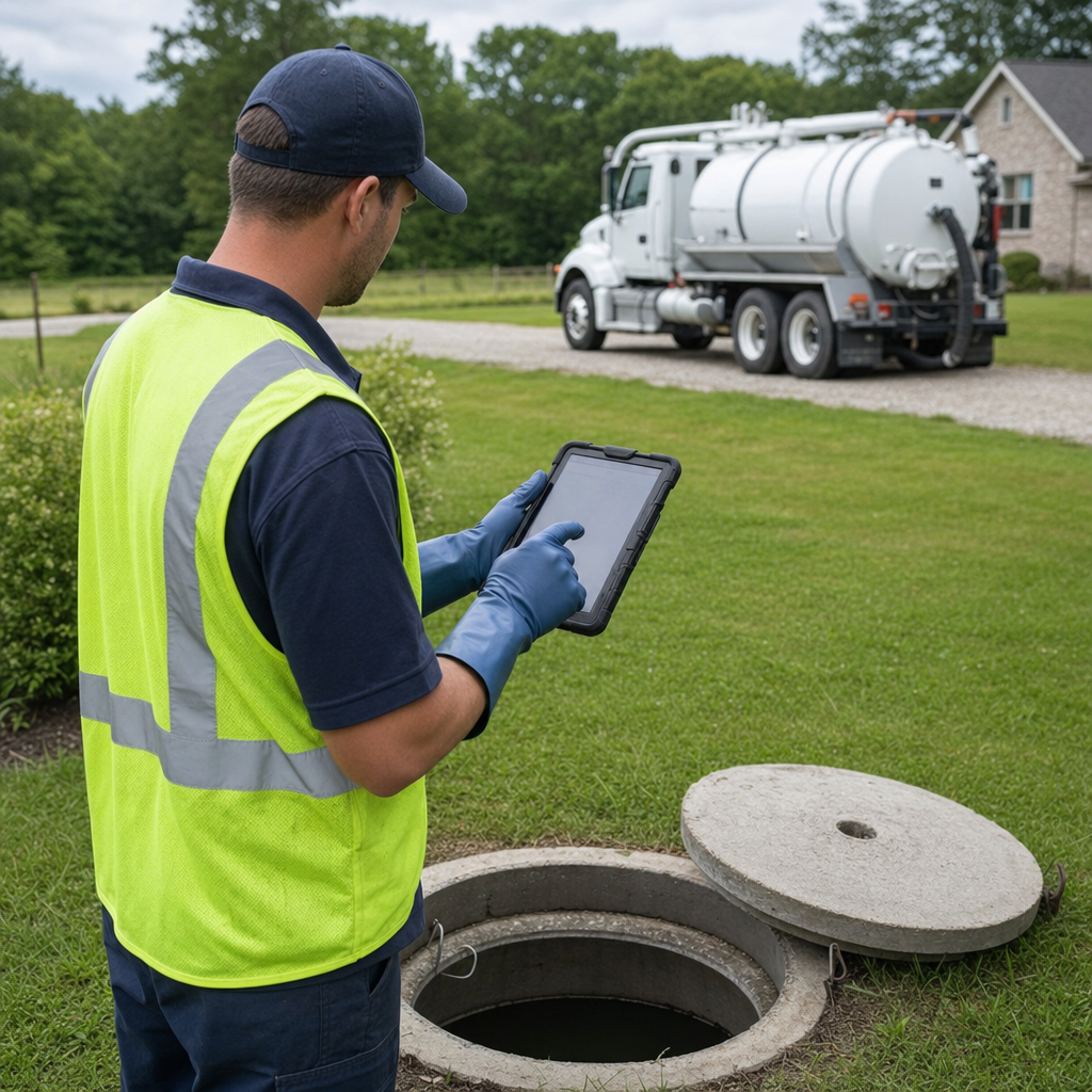 A septic technician recording a Long Beach home's pump-out date and tank condition on a tablet beside an open access lid, tracking the service history that sets the next due date
