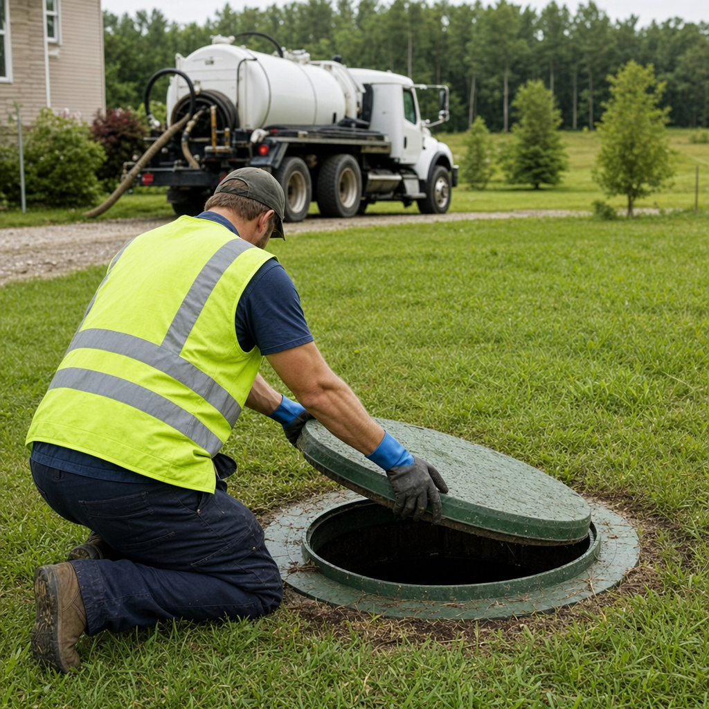 Septic technician kneeling on a Long Beach lawn, lifting the access lid on a residential septic tank
