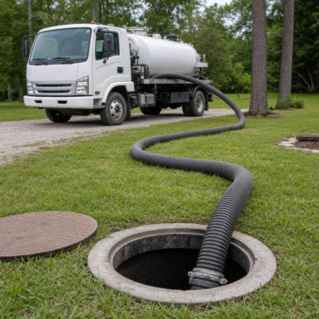 Thick ribbed suction hose lowered into a clean open septic tank port on a tidy Long Beach backyard lawn