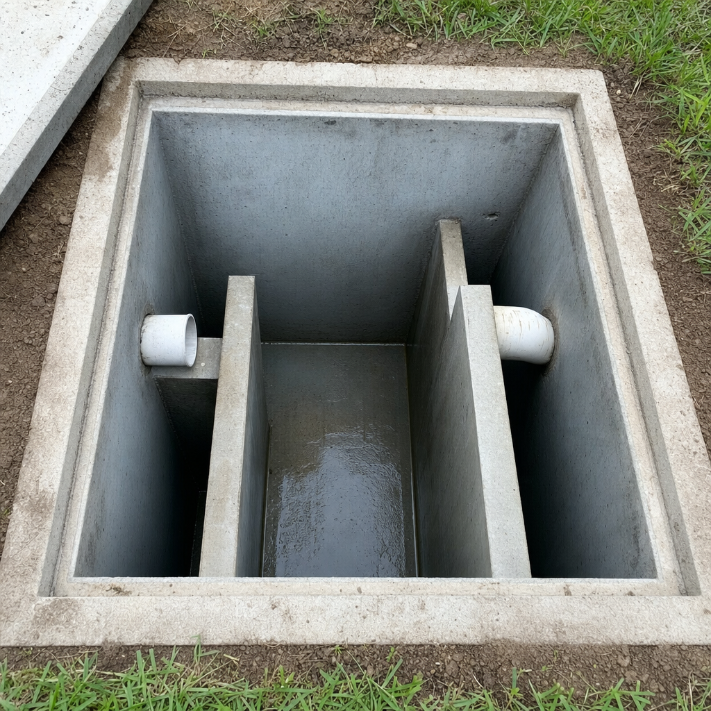 Inspection of the concrete baffles inside an open, emptied and freshly cleaned Long Beach septic tank