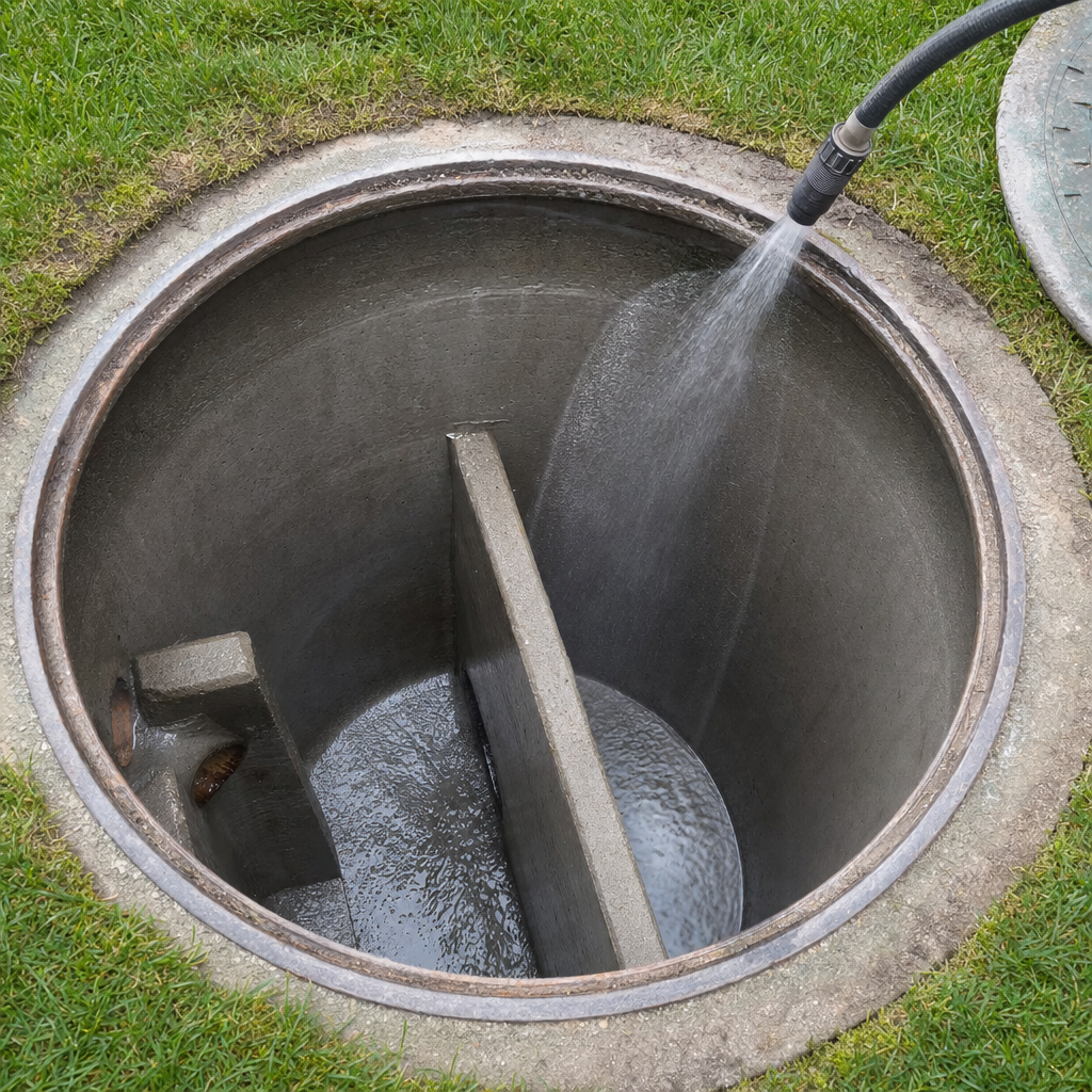 Interior concrete walls of an emptied Long Beach septic tank being rinsed clean with the truck's onboard water hose