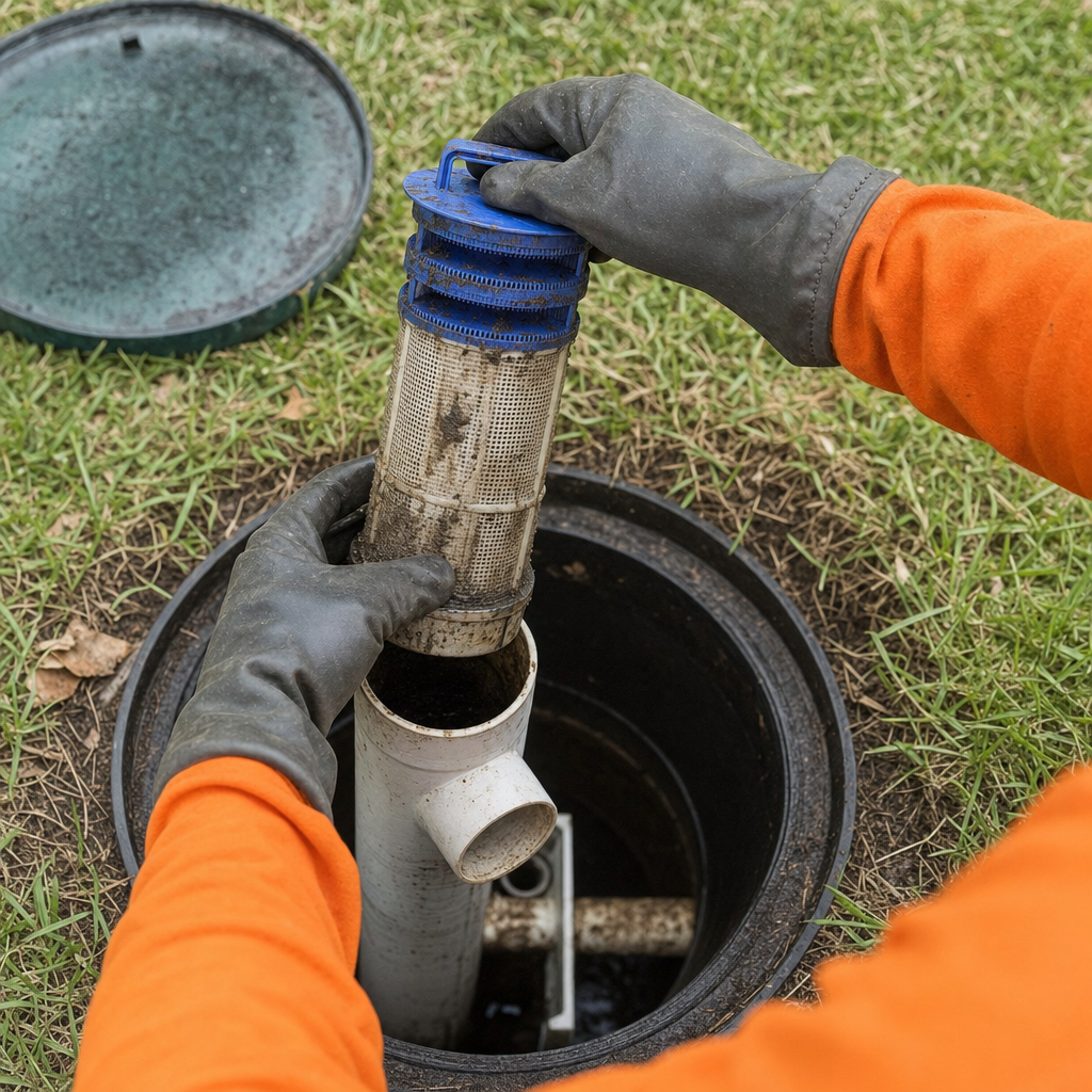 Septic technician's gloved hands lifting the effluent filter cartridge out of the outlet housing on a Long Beach septic tank