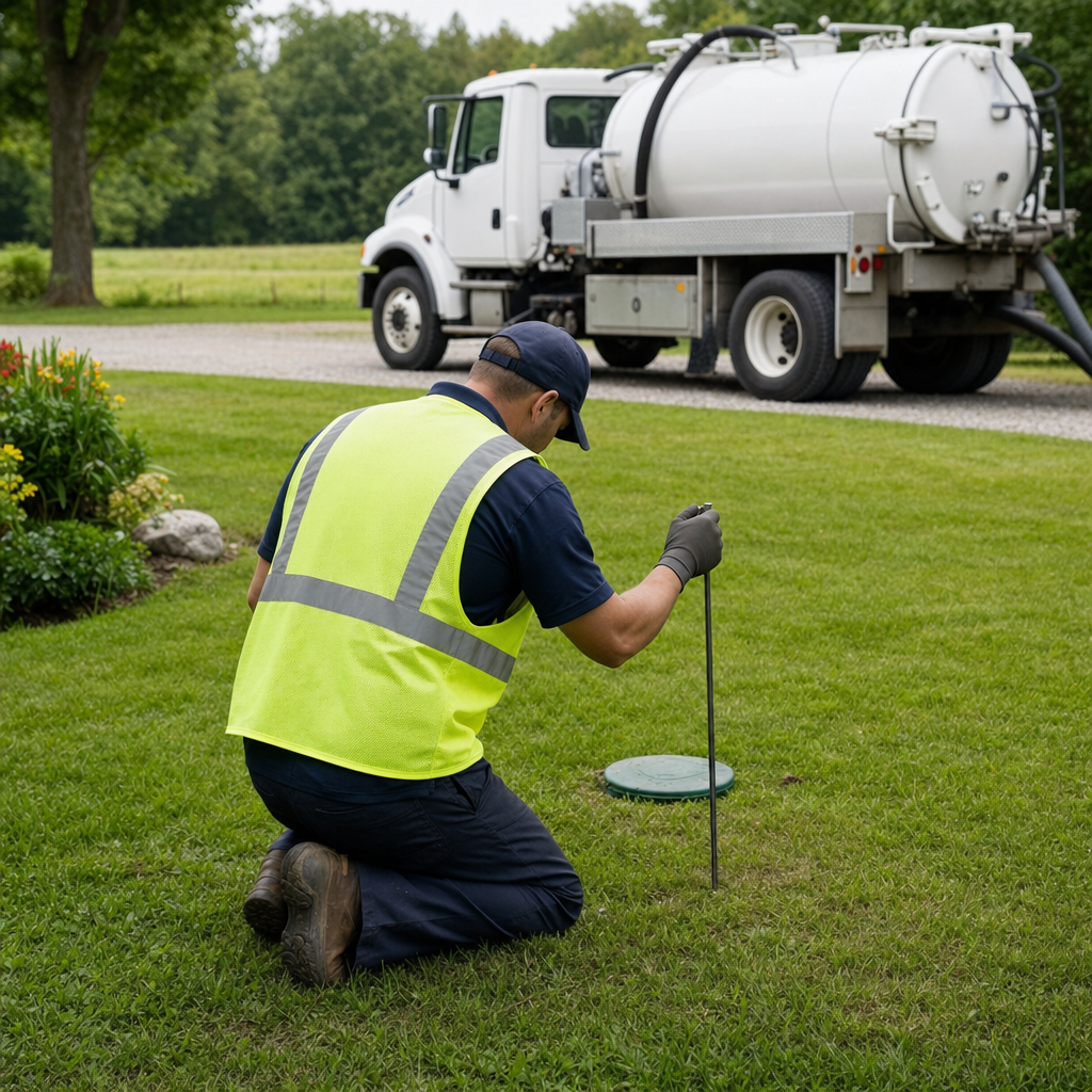 Septic technician kneeling on a Long Beach lawn, probing to locate and measure the depth of a buried septic tank lid before pumping