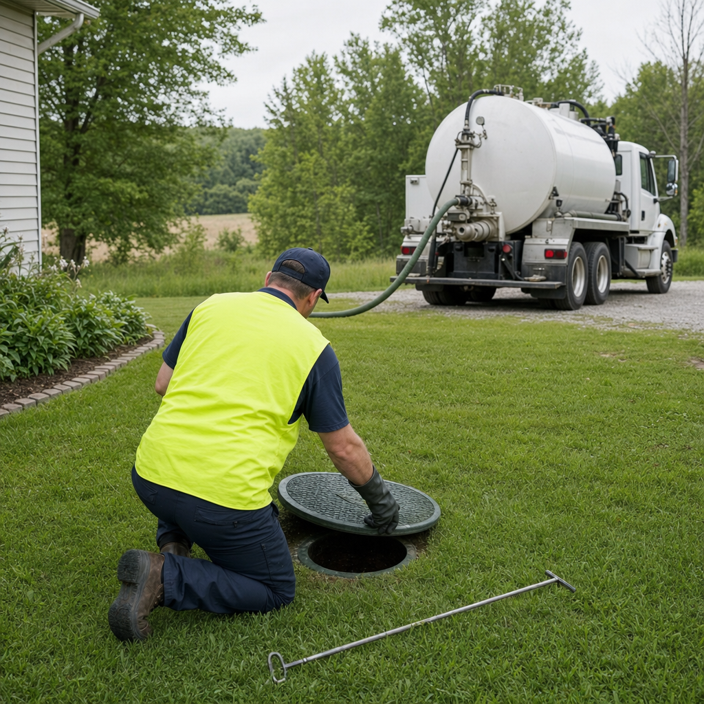 Septic technician kneeling on a Long Beach lawn, lifting the buried access lid on a residential septic tank
