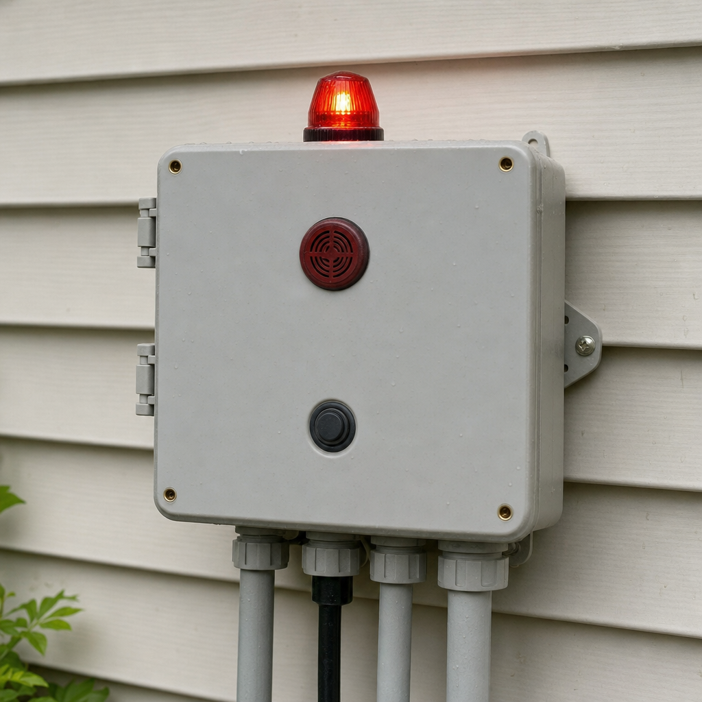 An aerobic septic system control panel mounted outside a Long Beach home with its red high-water alarm light lit