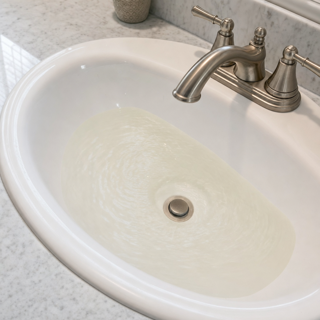 A bathroom sink draining slowly with water pooled in the basin, an early warning sign that a Long Beach septic tank is full